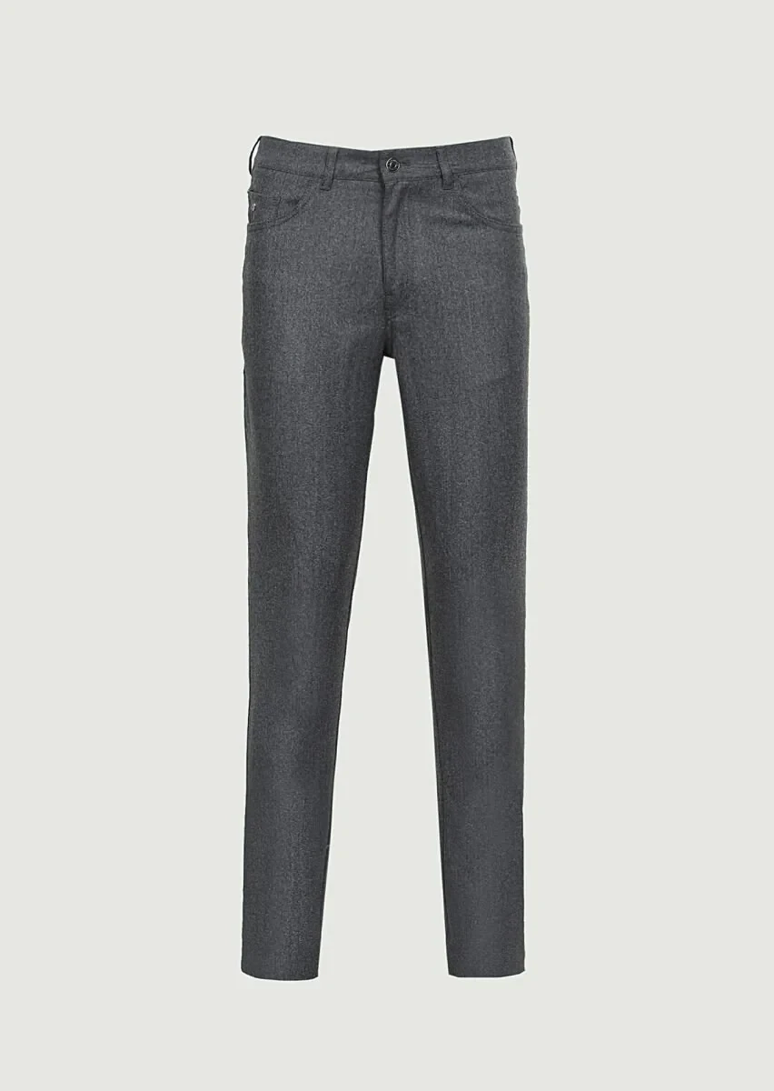 Gri Düz Kumaş Slim Fit Casual Yün Karışımlı Pantolon - 6