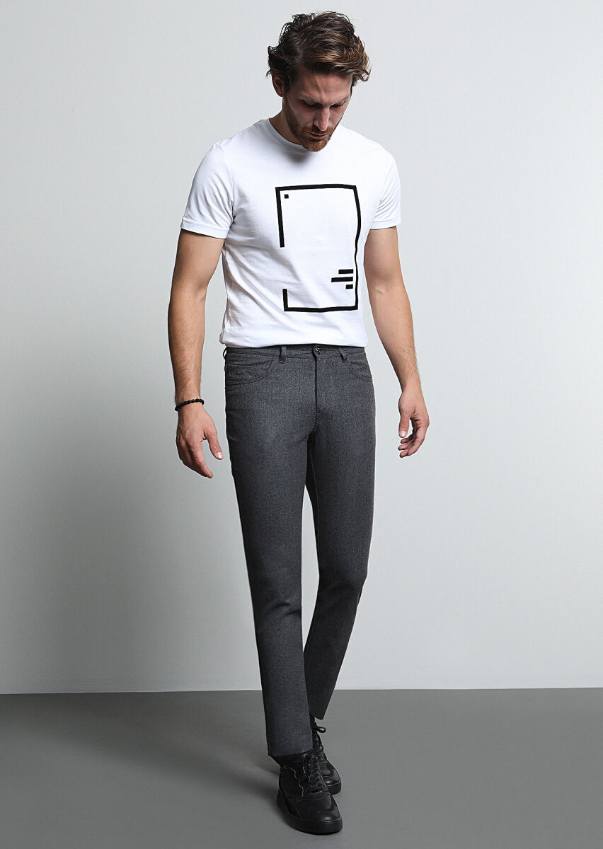 Gri Düz Kumaş Slim Fit Casual Yün Karışımlı Pantolon - 1