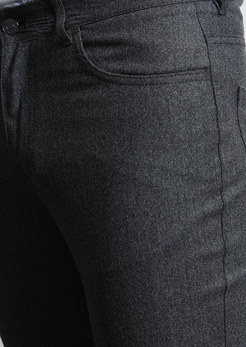Gri Düz Kumaş Slim Fit Casual Yün Karışımlı Pantolon - 3