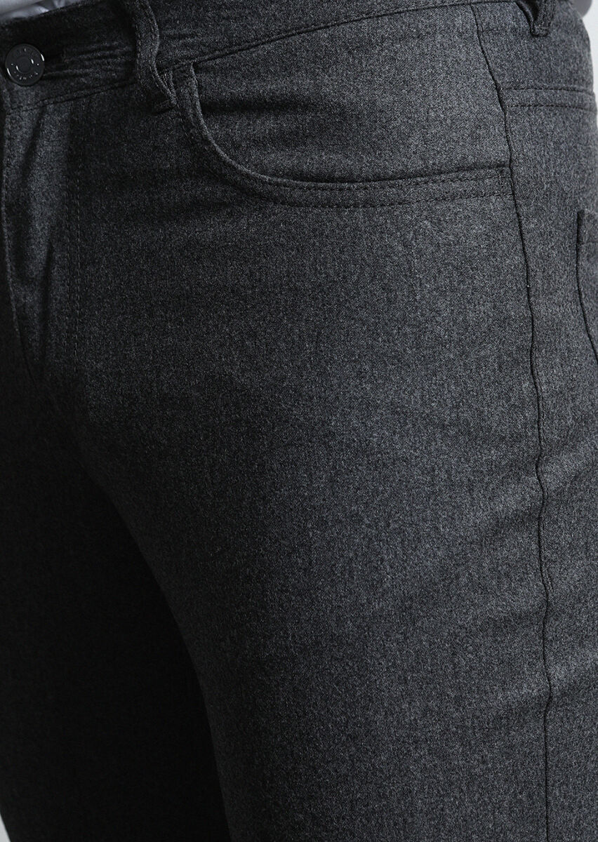 Gri Düz Kumaş Slim Fit Casual Yün Karışımlı Pantolon - 3