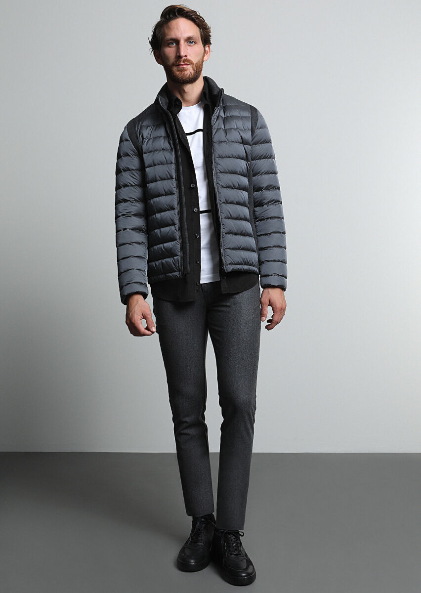 Gri Düz Kumaş Slim Fit Casual Yün Karışımlı Pantolon - 4