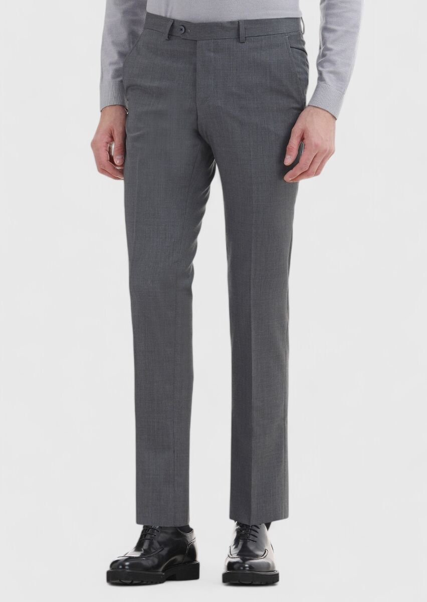 Gri Düz Kumaş Slim Fit Klasik %100 Yün Pantolon - 2