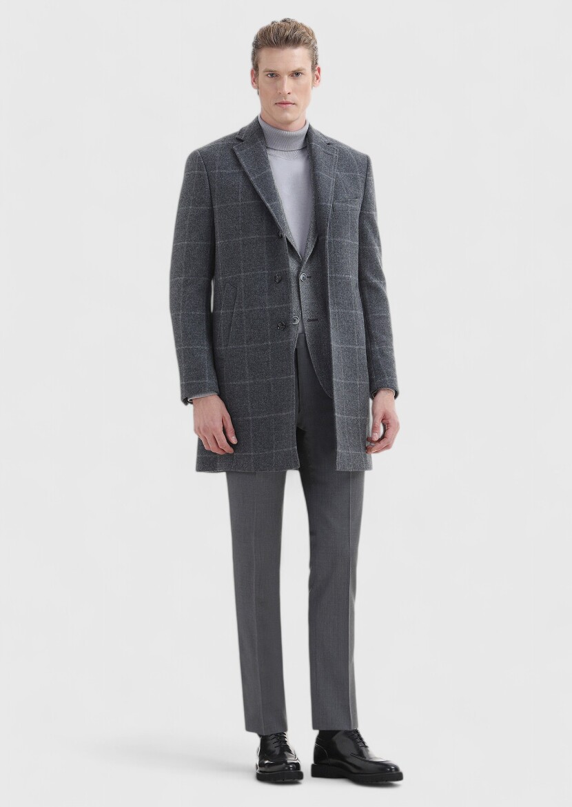 Gri Düz Kumaş Slim Fit Klasik %100 Yün Pantolon - 3