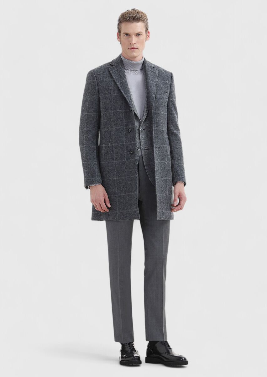 Gri Düz Kumaş Slim Fit Klasik %100 Yün Pantolon - 3