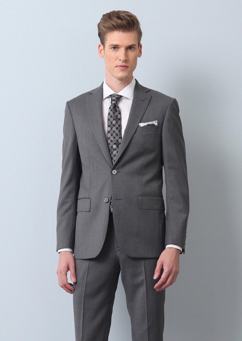 Gri Düz Modern Fit %100 Yün Takım Elbise - 3