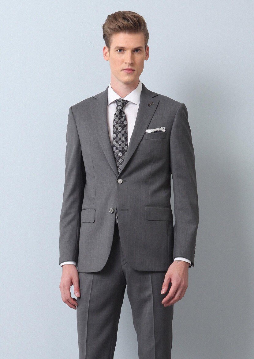 Gri Düz Modern Fit %100 Yün Takım Elbise - 3
