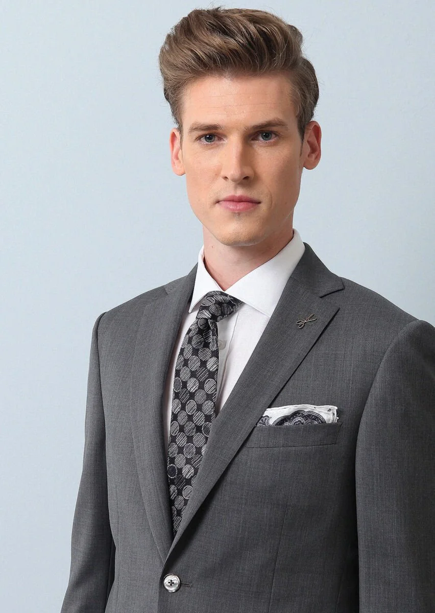 Gri Düz Modern Fit %100 Yün Takım Elbise - 1
