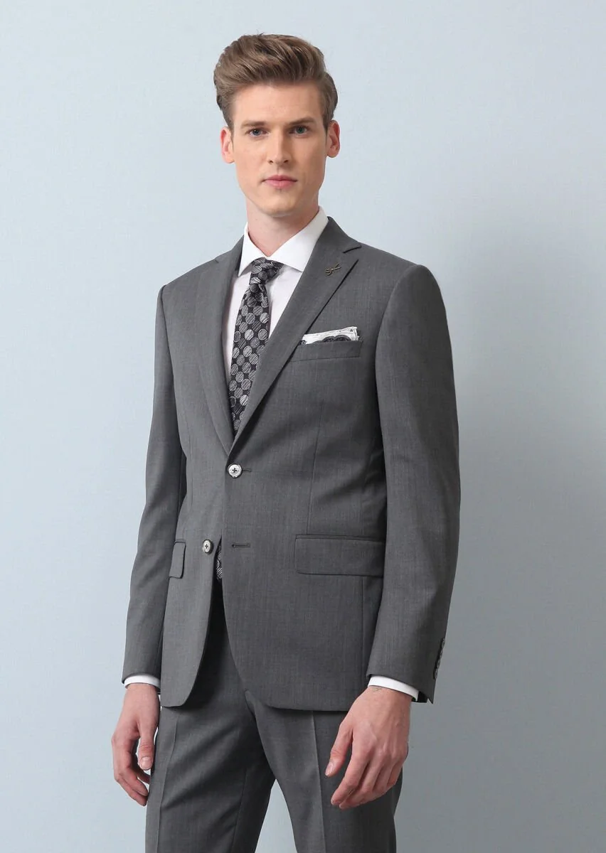 Gri Düz Modern Fit %100 Yün Takım Elbise - 3