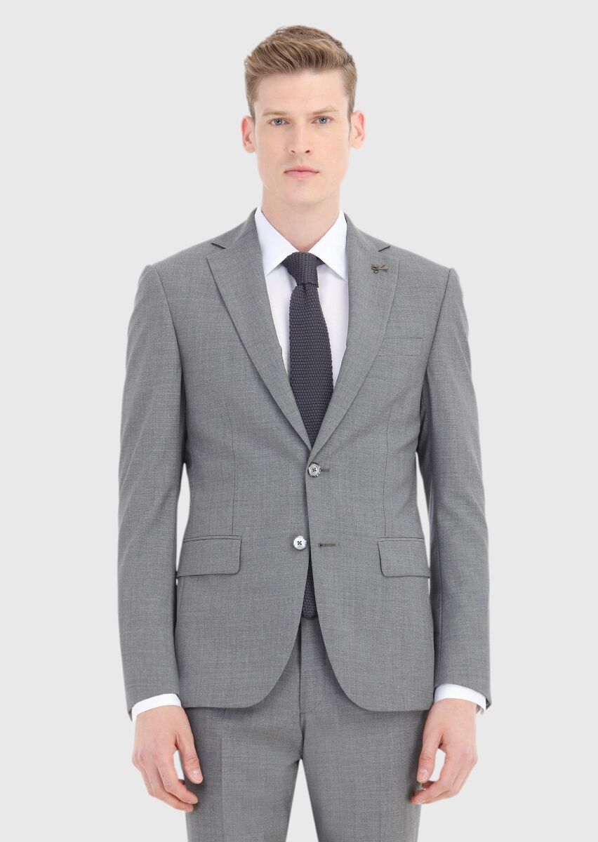 Gri Düz Modern Fit %100 Yün Takım Elbise - 2