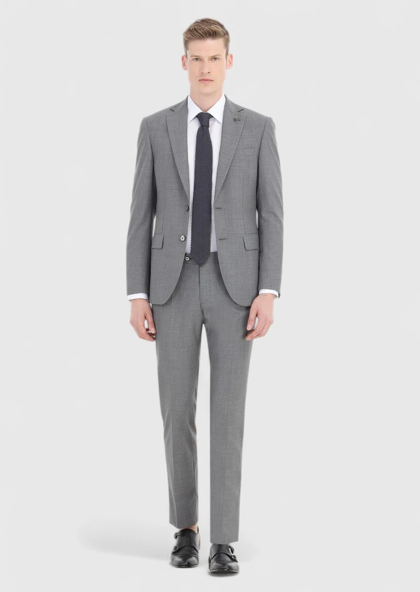 Gri Düz Modern Fit %100 Yün Takım Elbise - 1