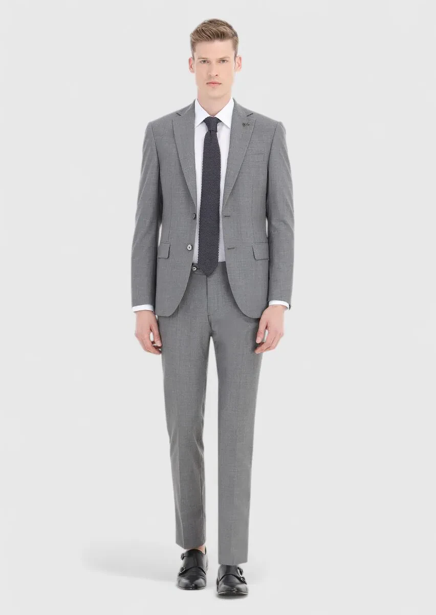 Gri Düz Modern Fit %100 Yün Takım Elbise - 1