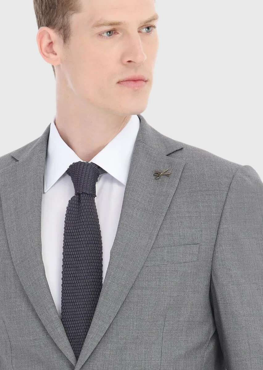 Gri Düz Modern Fit %100 Yün Takım Elbise - 3