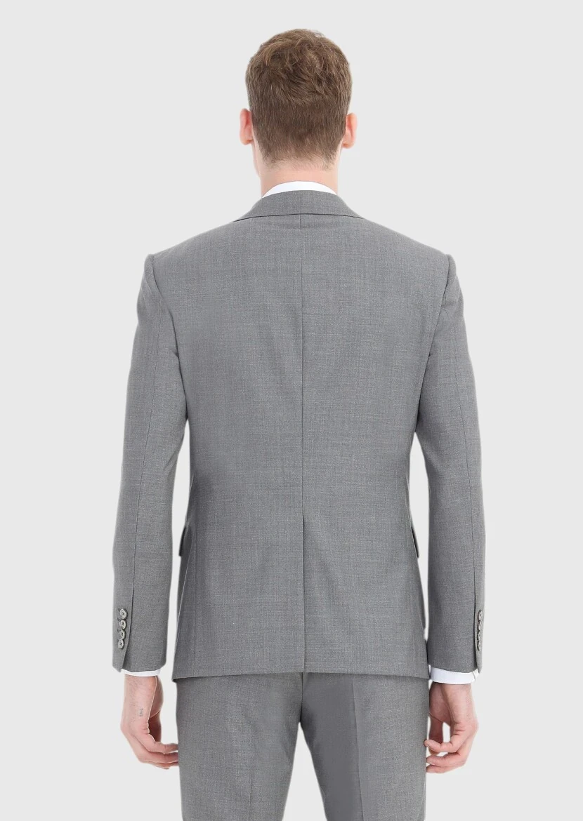 Gri Düz Modern Fit %100 Yün Takım Elbise - 5