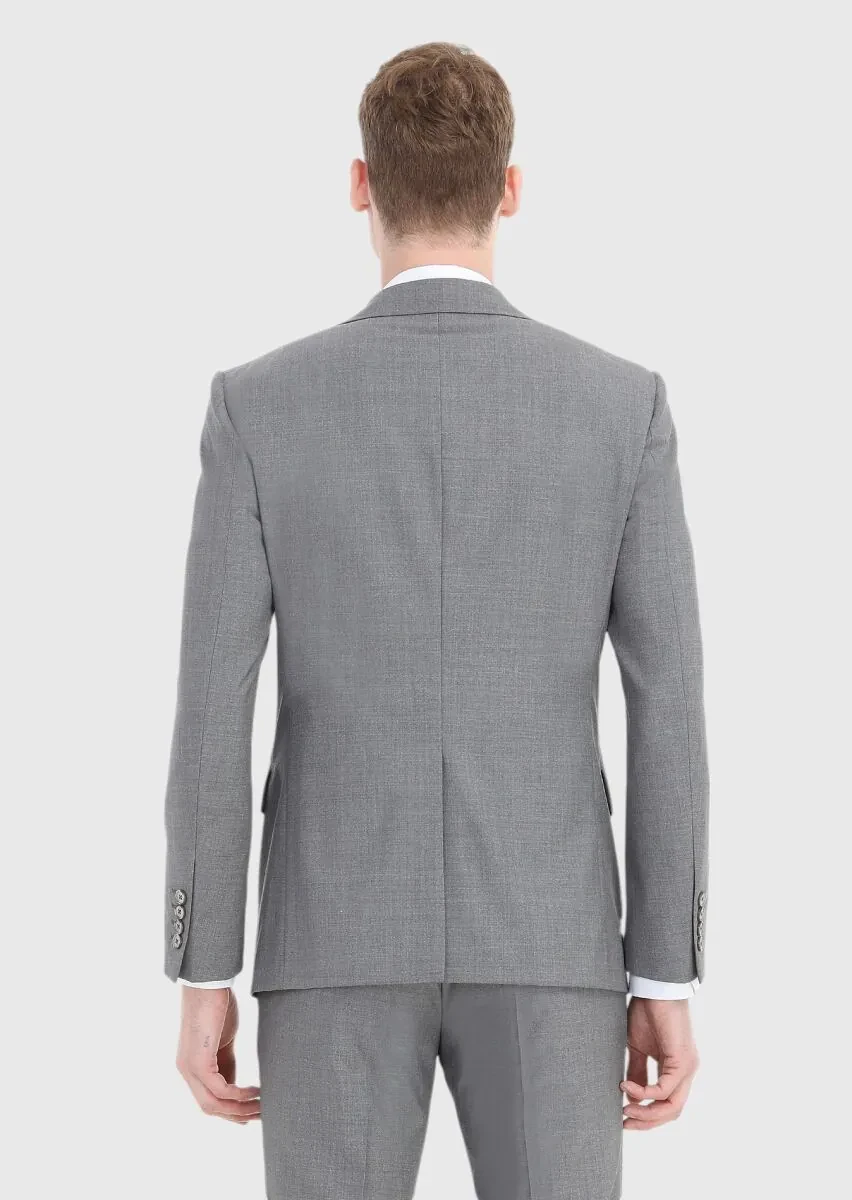 Gri Düz Modern Fit %100 Yün Takım Elbise - 5