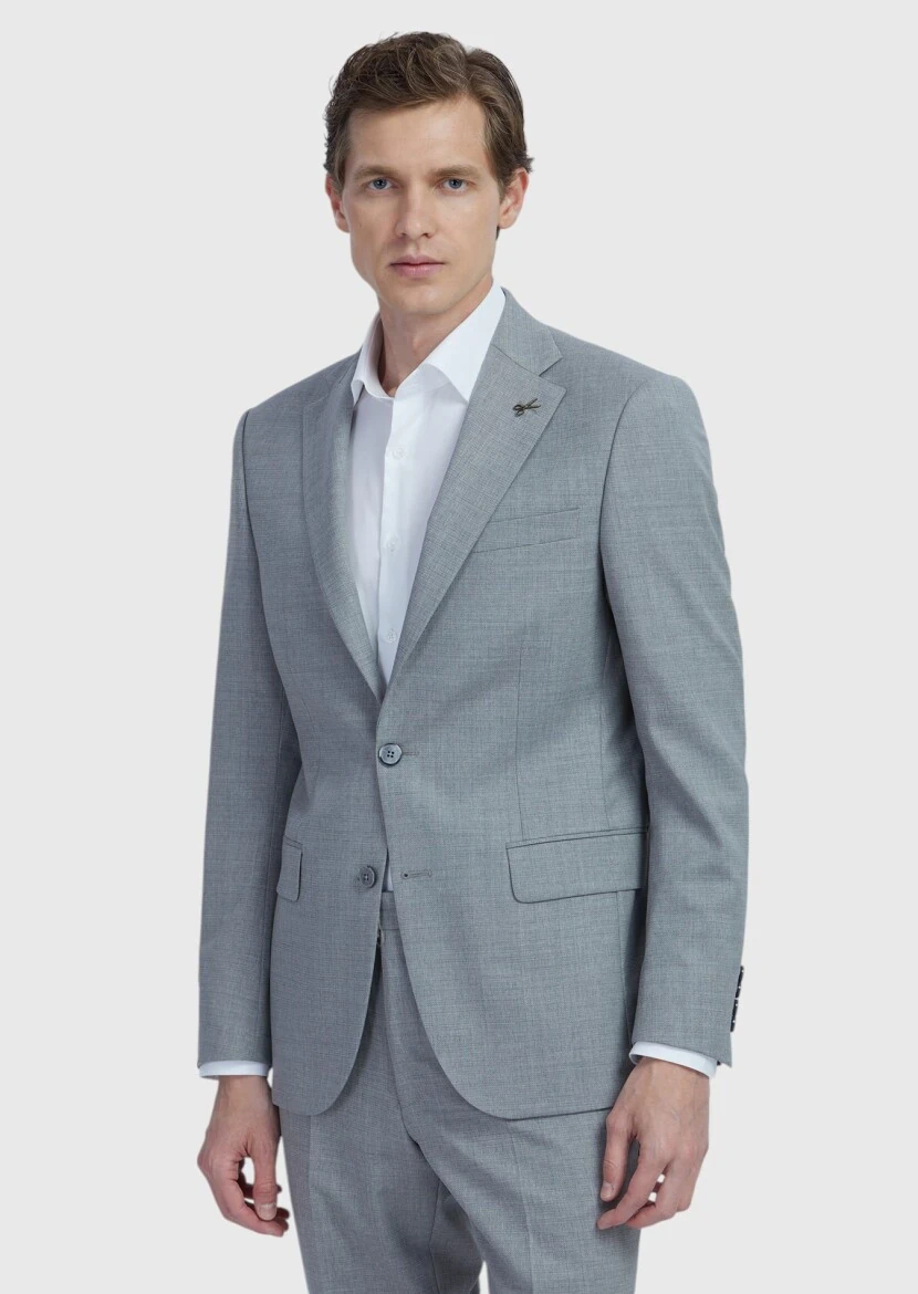 Gri Düz Modern Fit Yün Karışımlı Takım Elbise - RAMSEY