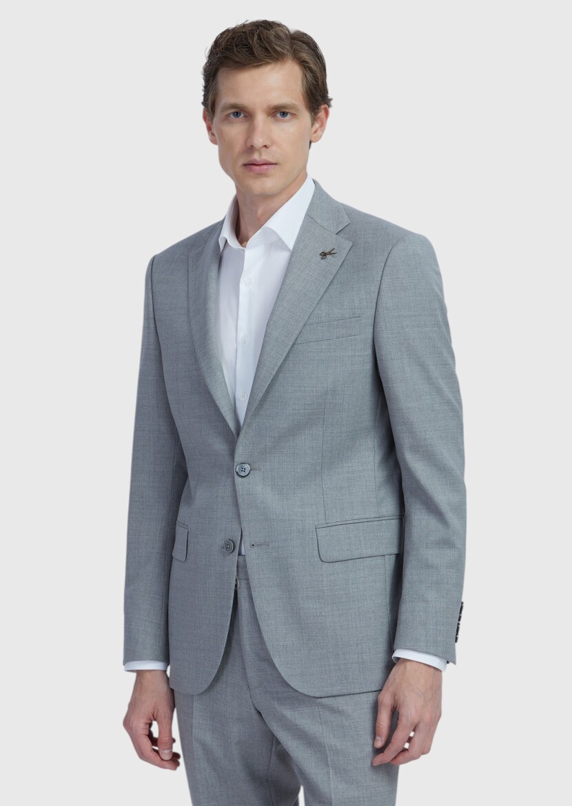 Gri Düz Modern Fit Yün Karışımlı Takım Elbise - 1