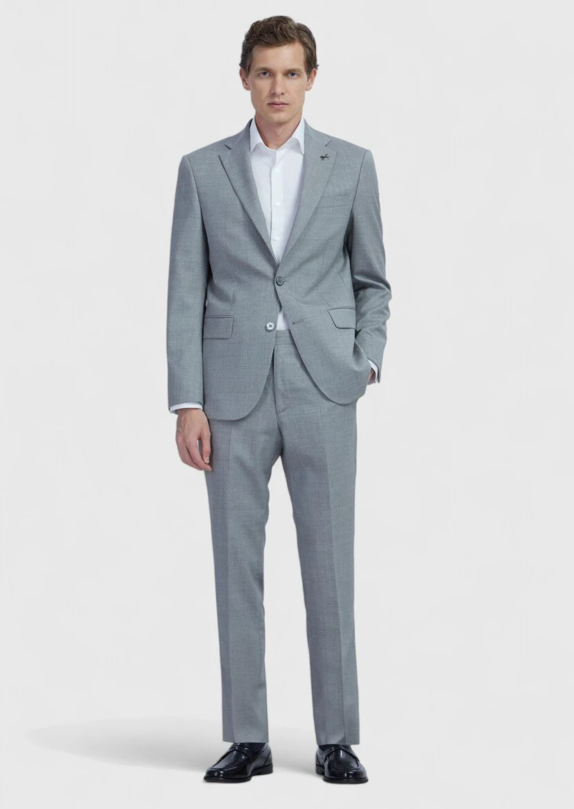Gri Düz Modern Fit Yün Karışımlı Takım Elbise - 2