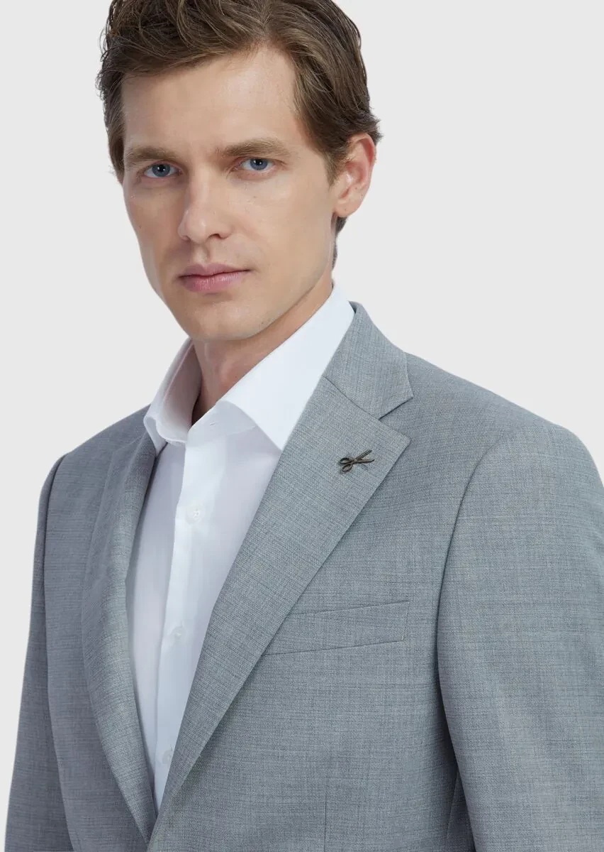 Gri Düz Modern Fit Yün Karışımlı Takım Elbise - 3