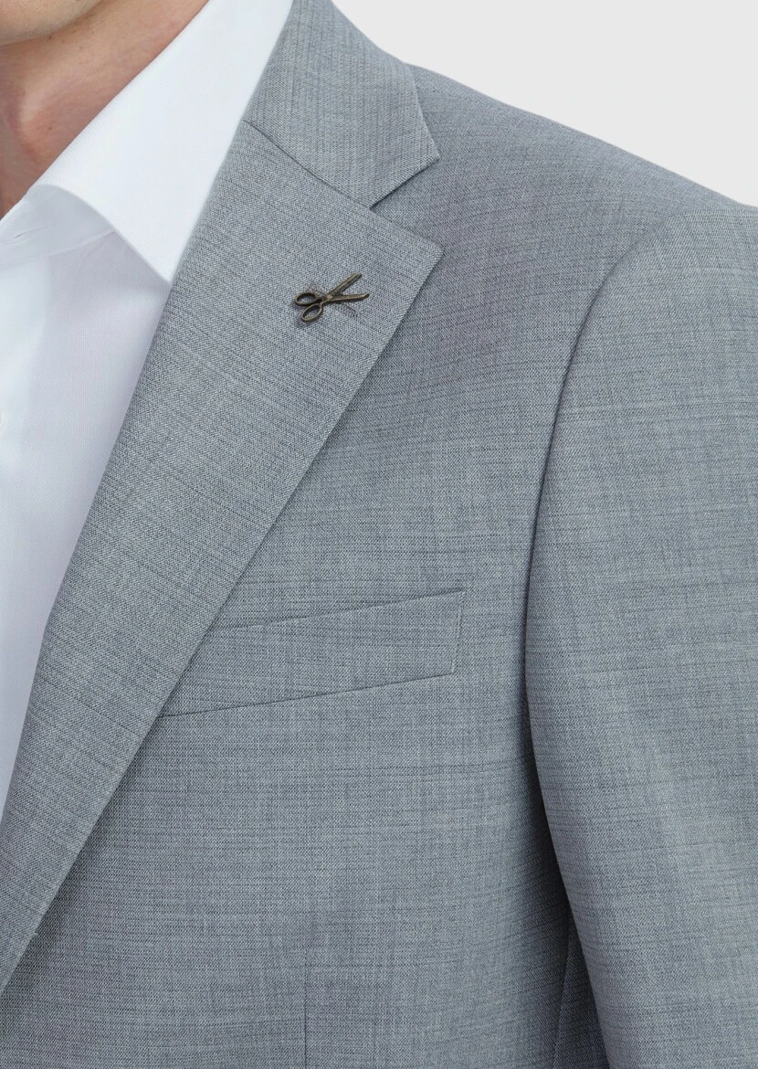 Gri Düz Modern Fit Yün Karışımlı Takım Elbise - 4