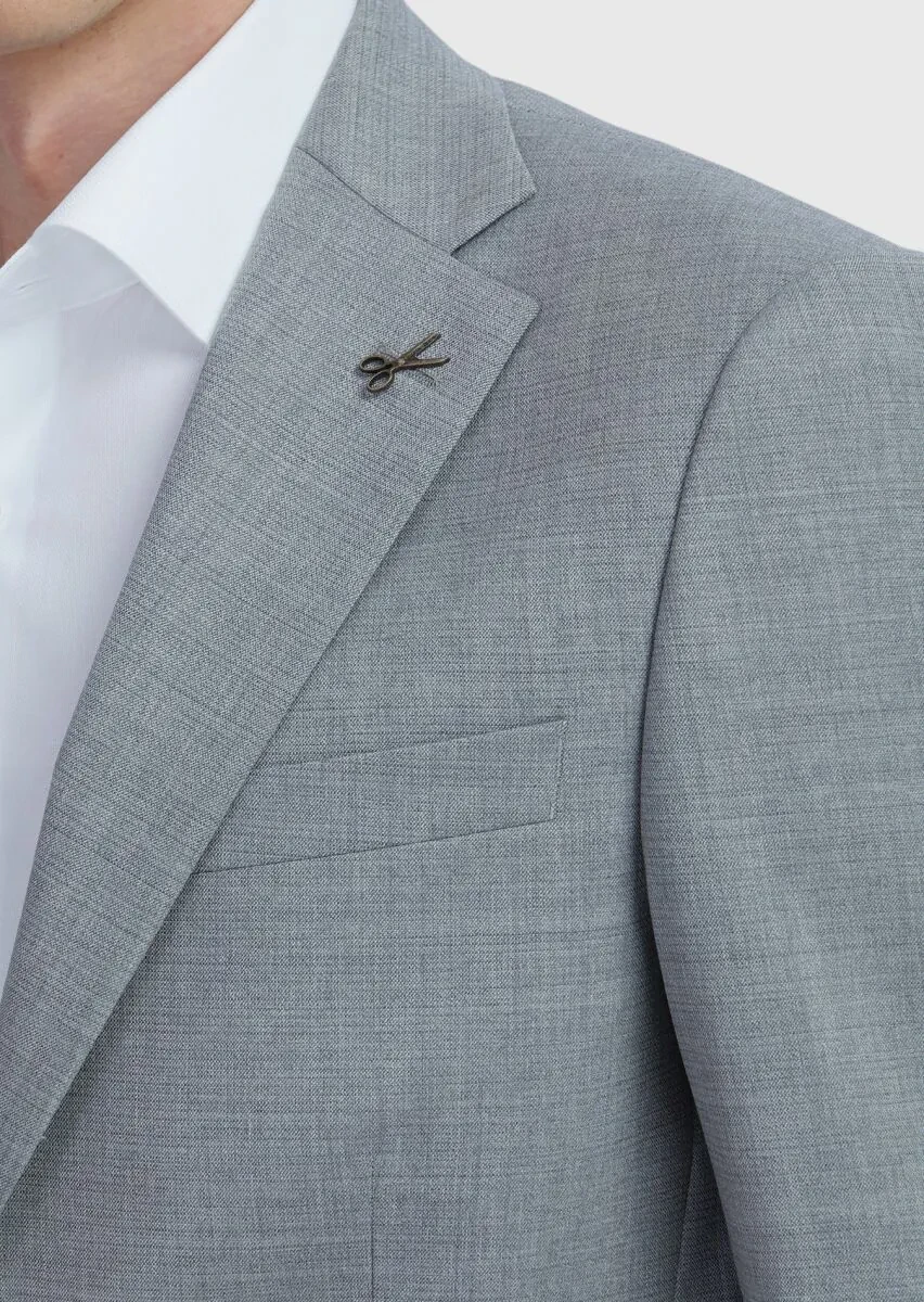 Gri Düz Modern Fit Yün Karışımlı Takım Elbise - 4
