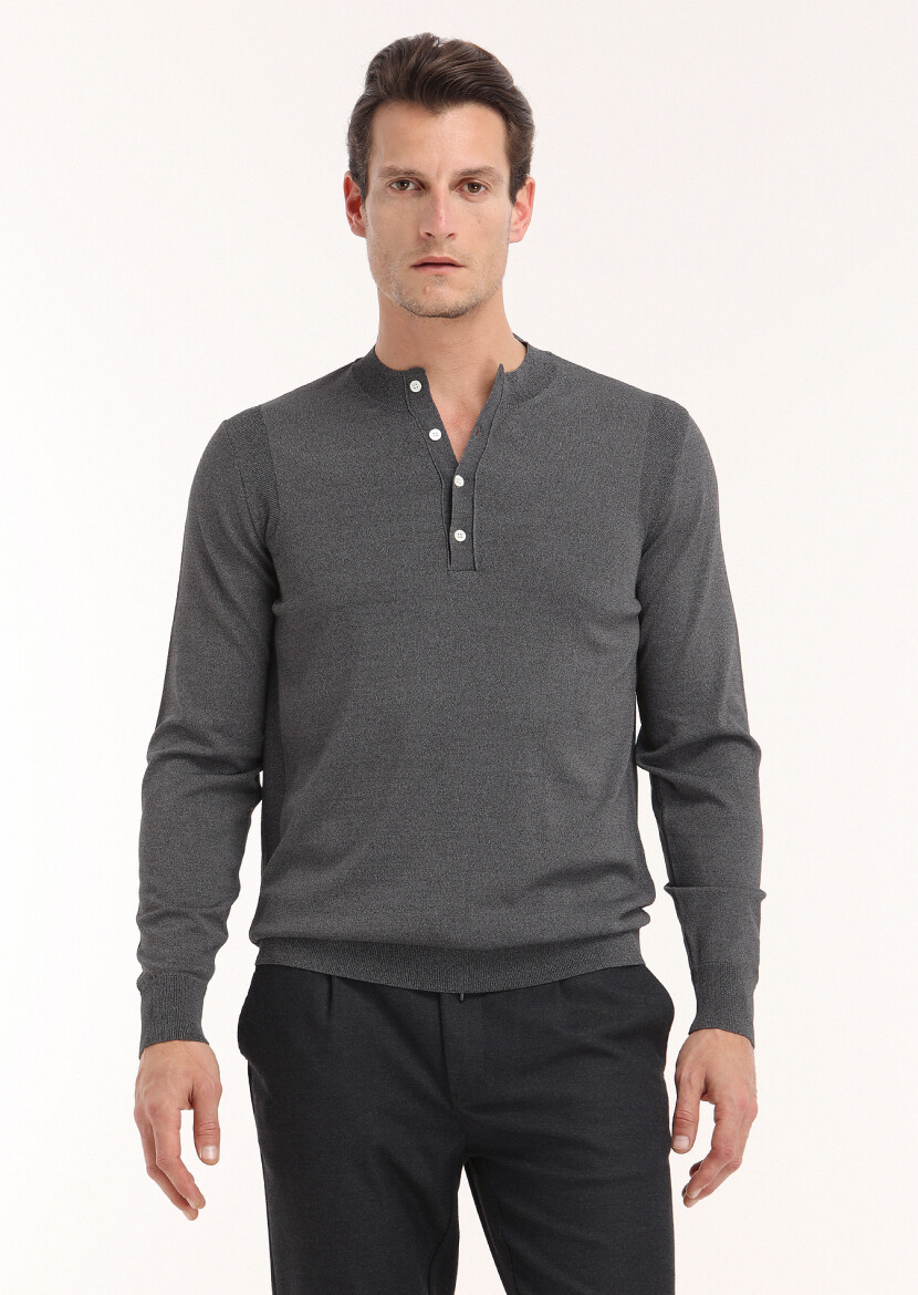 Gri Düz Örgü Yün Karışımlı Triko Kazak - 2