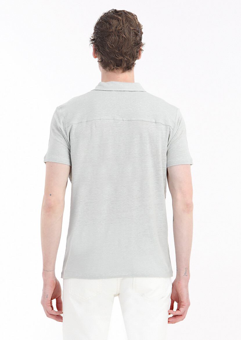 Gri Düz Polo Yaka %100 Keten T-Shirt - 4