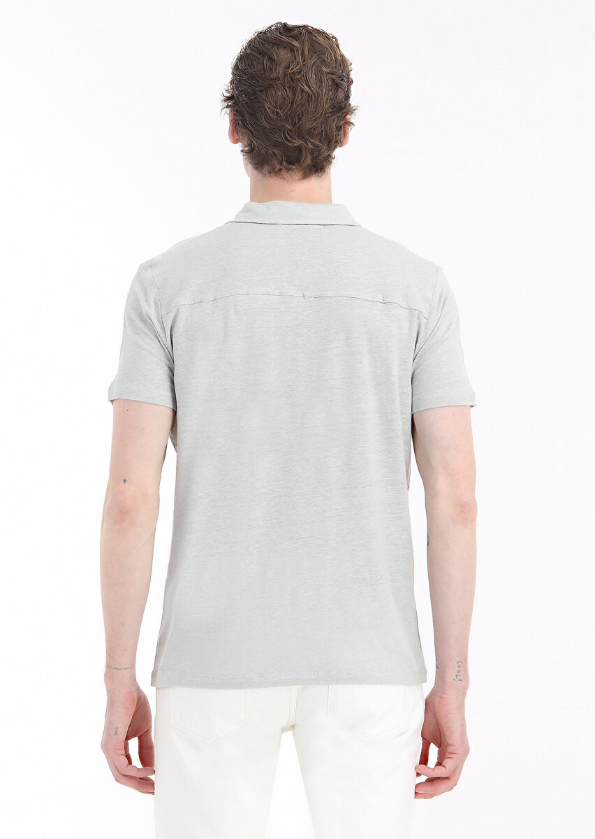 Gri Düz Polo Yaka %100 Keten T-Shirt - 4