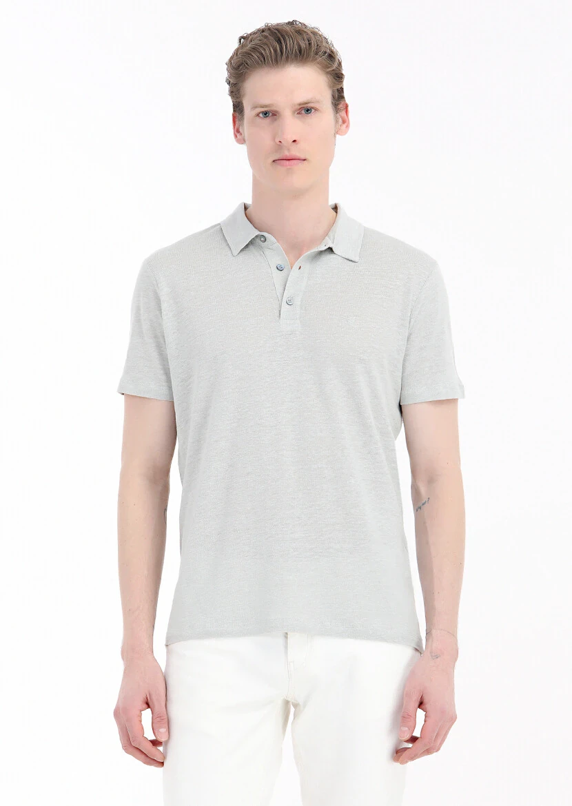 Gri Düz Polo Yaka %100 Keten T-Shirt 