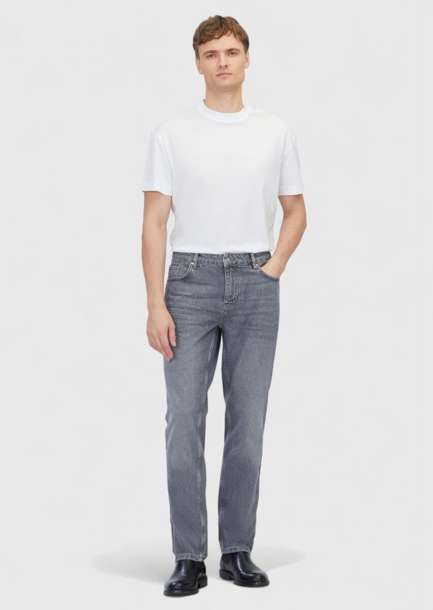Gri Düz Regular Fit Denim %100 Pamuk Pantolon - 1
