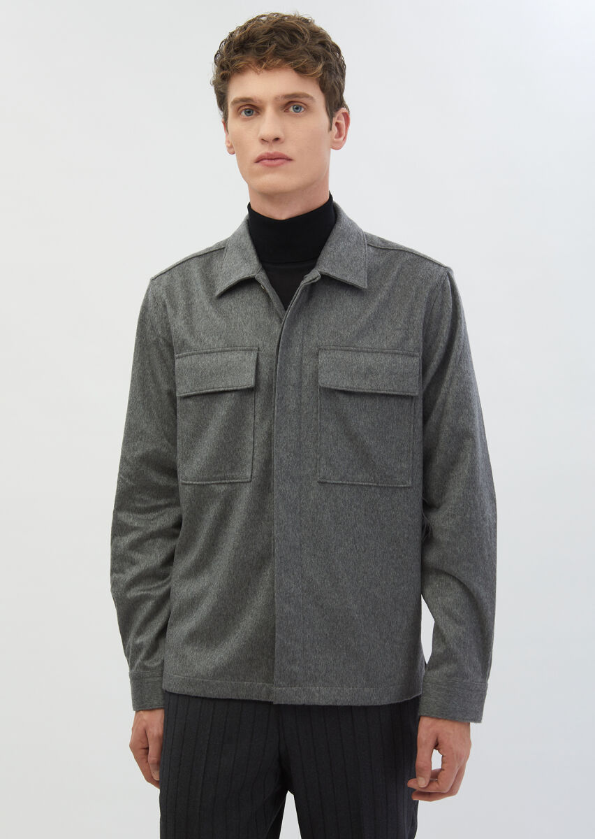 Gri Düz Regular Fit Dokuma %100 Kaşmir Overshırt - 3