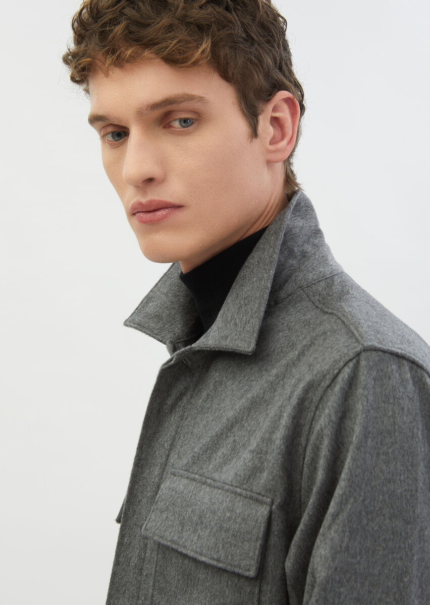 Gri Düz Regular Fit Dokuma %100 Kaşmir Overshırt - 5