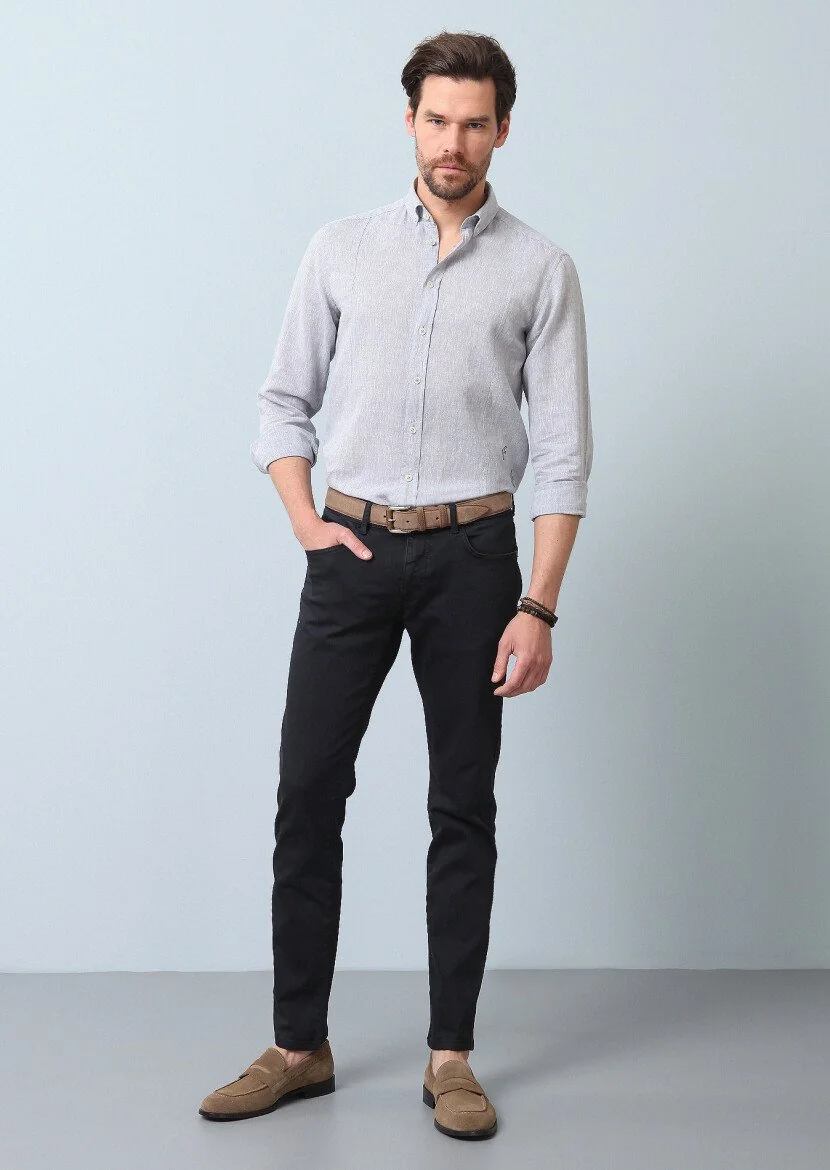 Gri Düz Regular Fit Dokuma Casual Pamuk Karışımlı Gömlek - 4