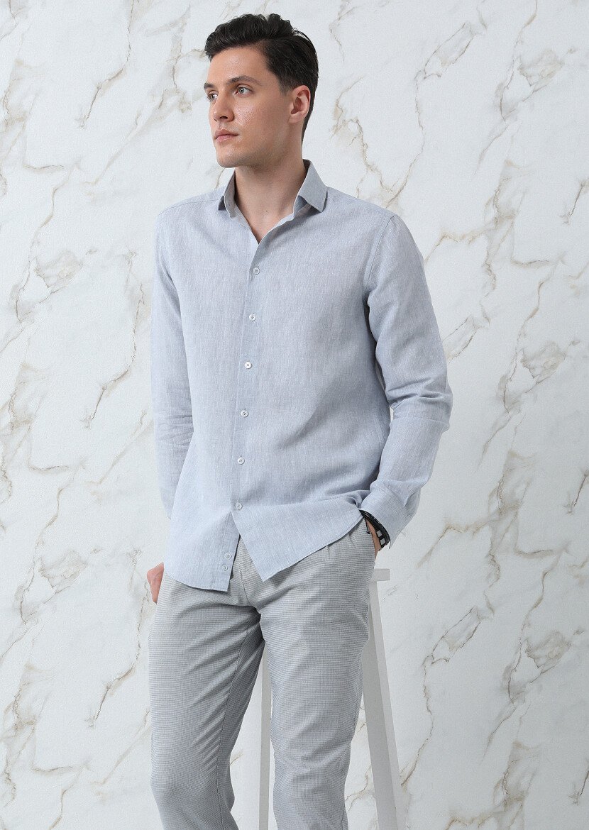 Gri Düz Regular Fit Dokuma Casual Pamuk Karışımlı Gömlek 