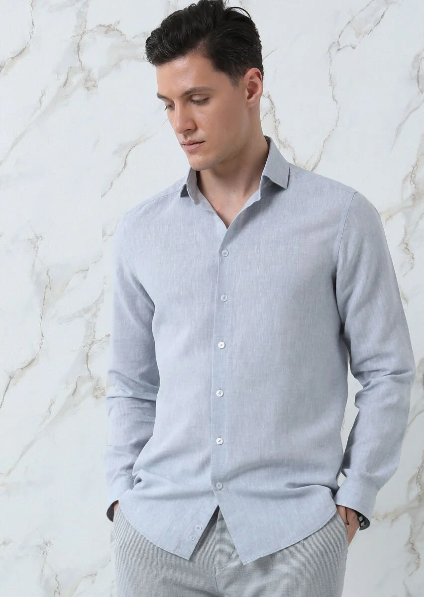 Gri Düz Regular Fit Dokuma Casual Pamuk Karışımlı Gömlek - 4