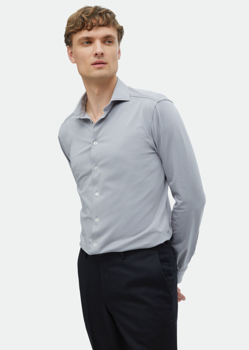 Gri Düz Regular Fit Uzun Casual Pamuk Karışımlı Gömlek - 3