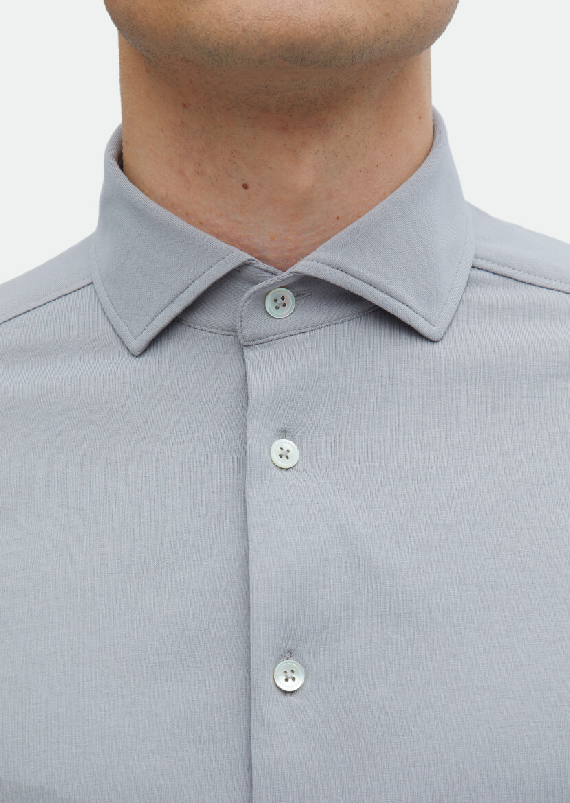 Gri Düz Regular Fit Uzun Casual Pamuk Karışımlı Gömlek - 5