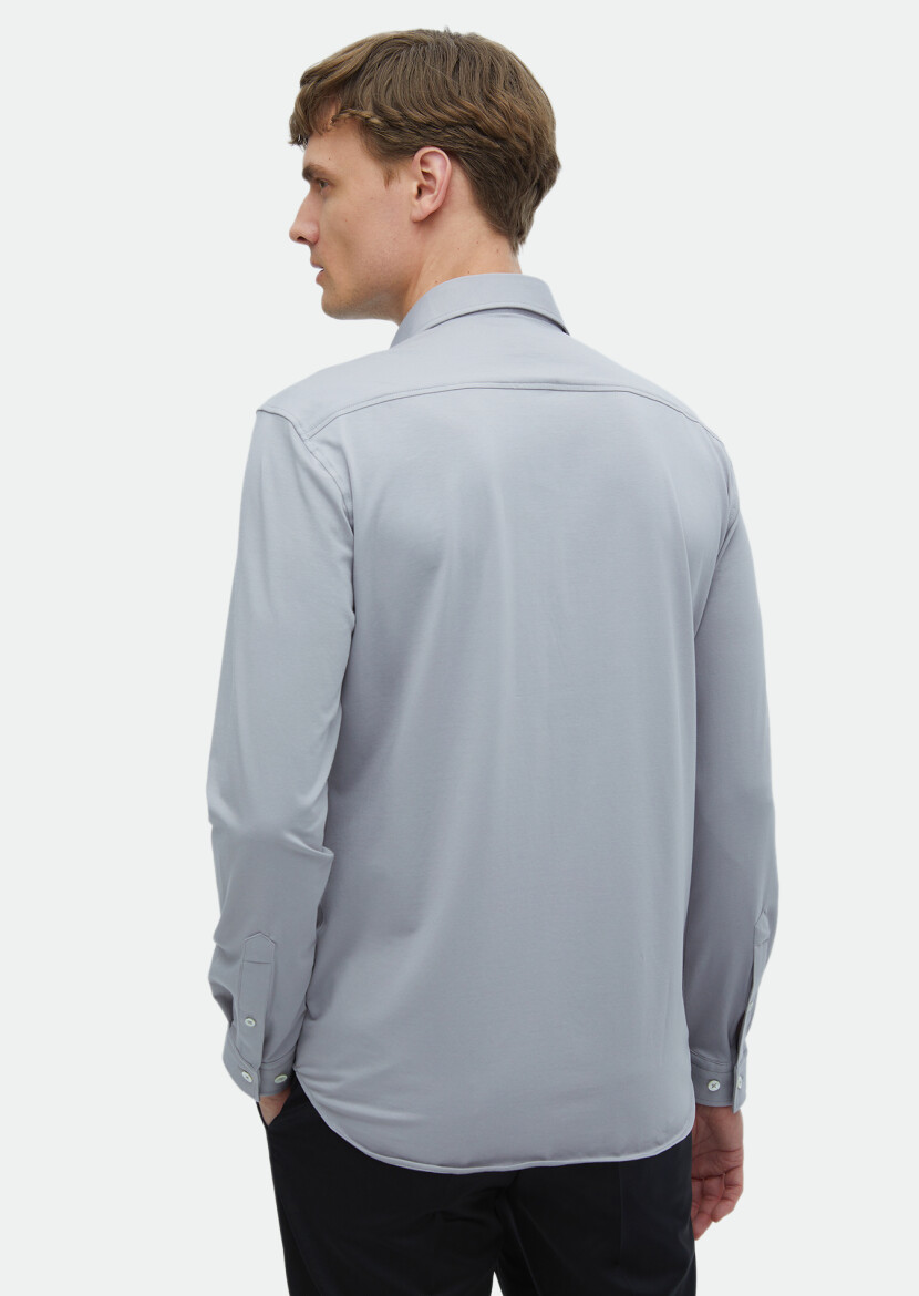 Gri Düz Regular Fit Uzun Casual Pamuk Karışımlı Gömlek - 6