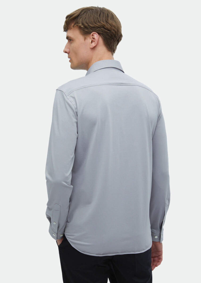 Gri Düz Regular Fit Uzun Casual Pamuk Karışımlı Gömlek - 6