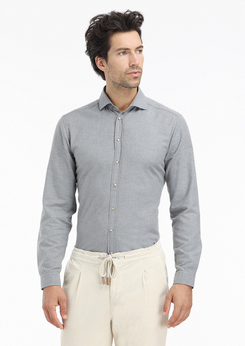 Gri Düz Regular Fit Uzun Dokuma Casual %100 Pamuk Gömlek - 2