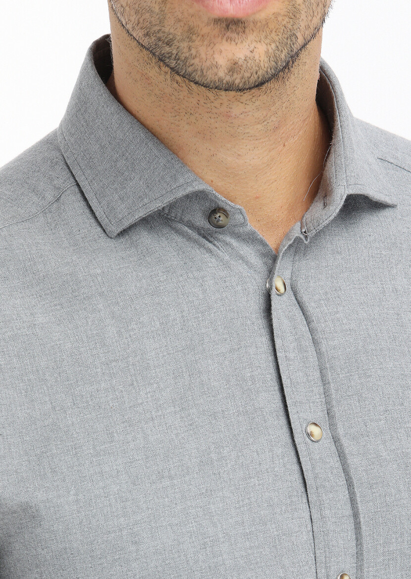 Gri Düz Regular Fit Uzun Dokuma Casual %100 Pamuk Gömlek - 3