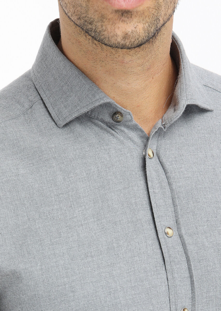 Gri Düz Regular Fit Uzun Dokuma Casual %100 Pamuk Gömlek - 3