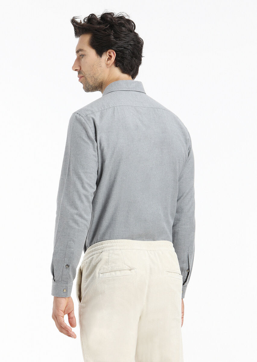 Gri Düz Regular Fit Uzun Dokuma Casual %100 Pamuk Gömlek - 5