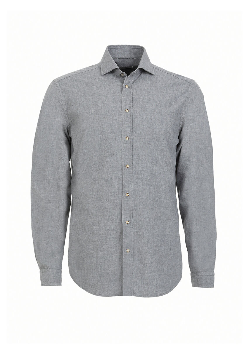 Gri Düz Regular Fit Uzun Dokuma Casual %100 Pamuk Gömlek - 6