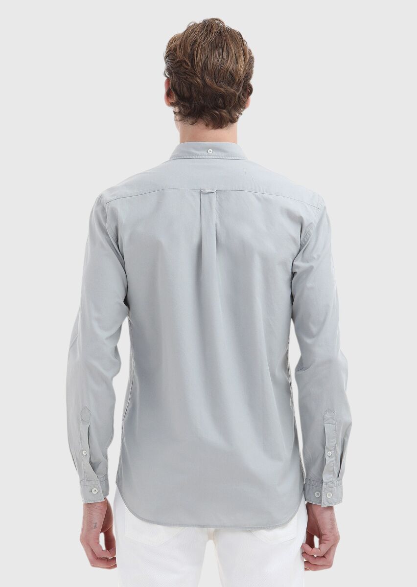 Gri Düz Regular Fit Uzun Dokuma Casual %100 Pamuk Gömlek - 4