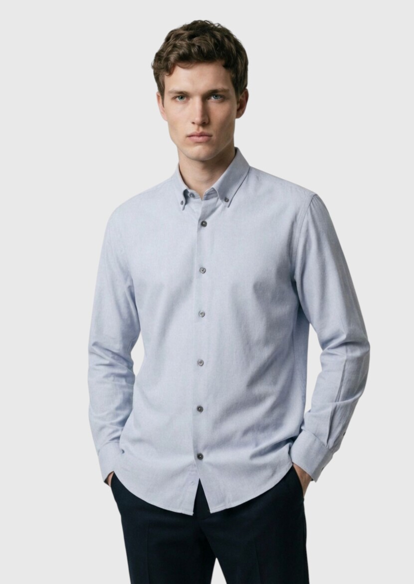 Gri Düz Regular Fit Uzun Dokuma Casual %100 Pamuk Gömlek - 1