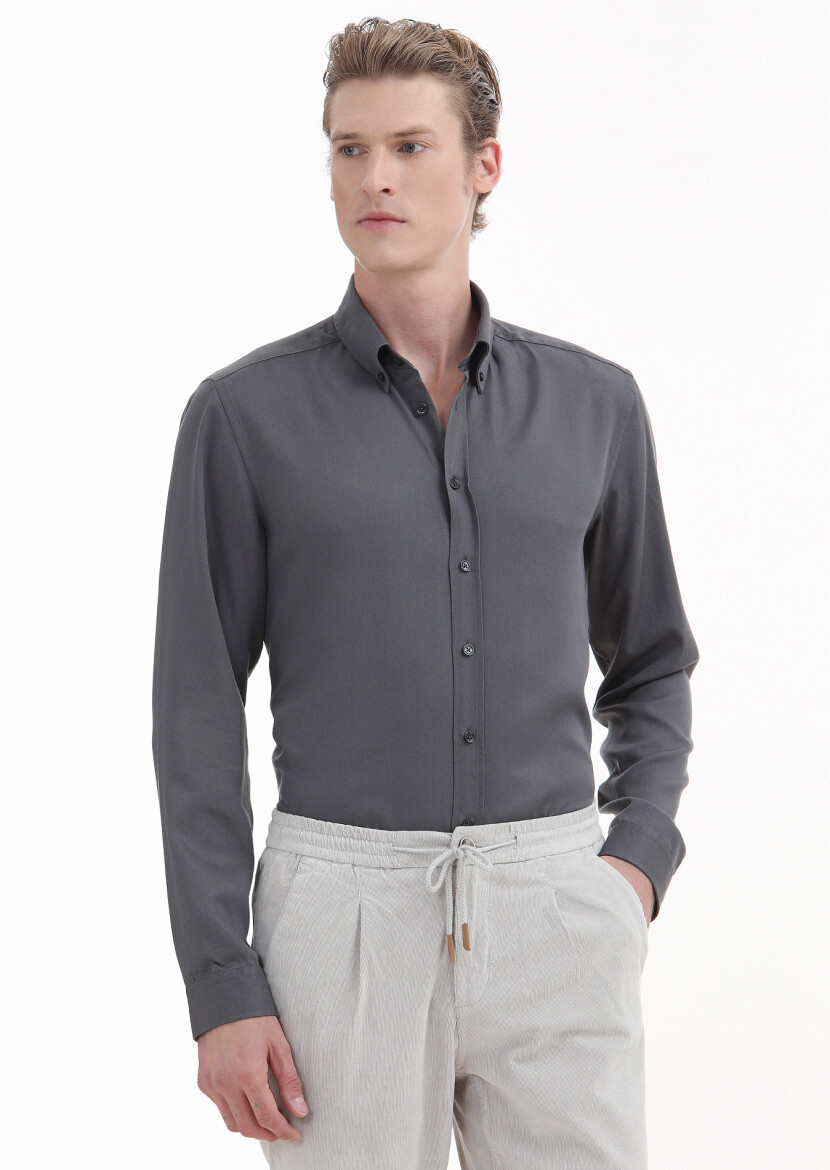 Gri Düz Regular Fit Uzun Dokuma Casual Gömlek - 1