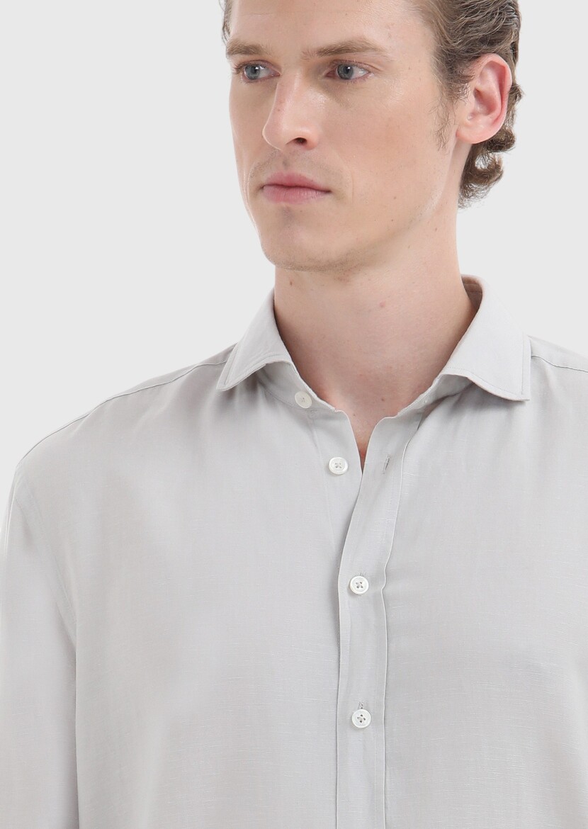 Gri Düz Regular Fit Uzun Dokuma Casual Keten Karışımlı Gömlek - 3