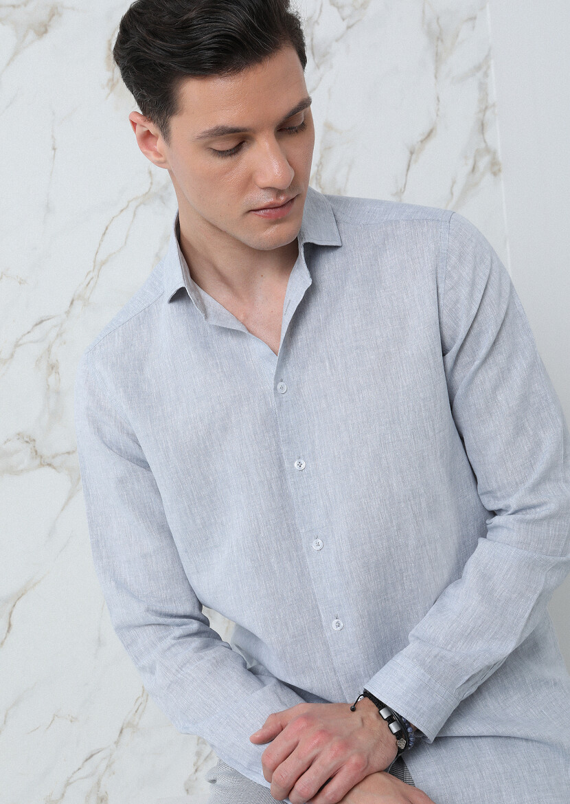 Gri Düz Regular Fit Uzun Dokuma Casual Pamuk Karışımlı Gömlek 