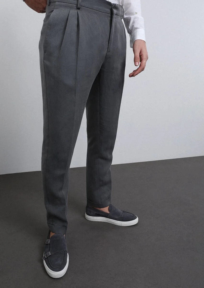 Gri Düz Shirt Shoulder Slim Fit Keten Karışımlı Takım Elbise - 2