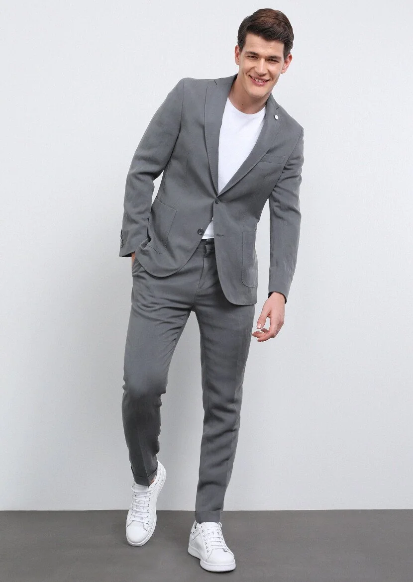 Gri Düz Shirt Shoulder Slim Fit Keten Karışımlı Takım Elbise - 3